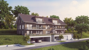 3D Visualisierung zum Neubau eines Mehrfamilienhaus mit Einstellhalle in Hübeligässli, 3207 Golaten, Schweiz