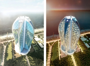 Architektur Visualisierung Tageslicht und Daemmerung des Supercell Towers an der Küste von Dubai