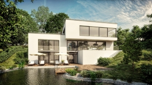 Architektur Visualisierung zur Neuplanung eines Wohnhauses mit Schwimmteich