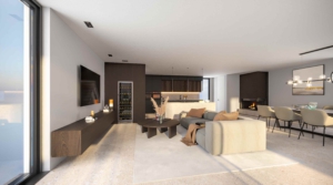 3D Innen Visualisierung eines Wohnzimmers mit dezenter illuminierung
