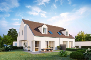 Statt des Grills zwischen beiden Häusern, wurde als eine Trennwand mit anschließender kleinen Hecke gerendert. Alternative3D Rendering von Architektur