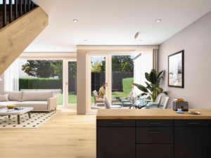 3D Visualisierung eines Wohnzimmers mit Blick in den Garten