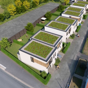 Vogelperspektive mit Fotomontage und gerenderter Architekturvisualisierung